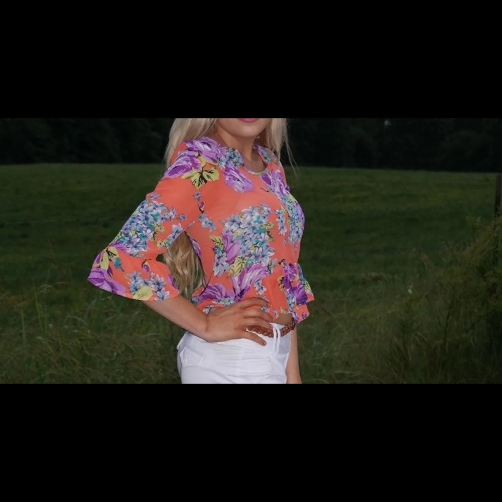 Tobi orange floral semi crop blouse top
